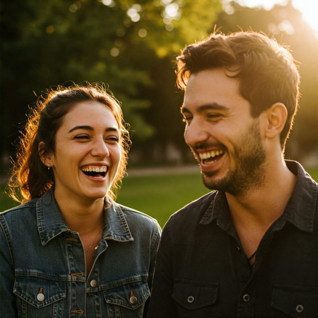 Couple laughing together, enjoying a happy moment.