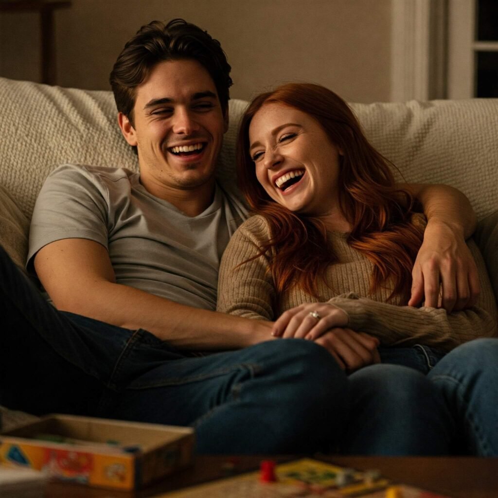 Happy couple laughing together, enjoying a cozy evening at home.