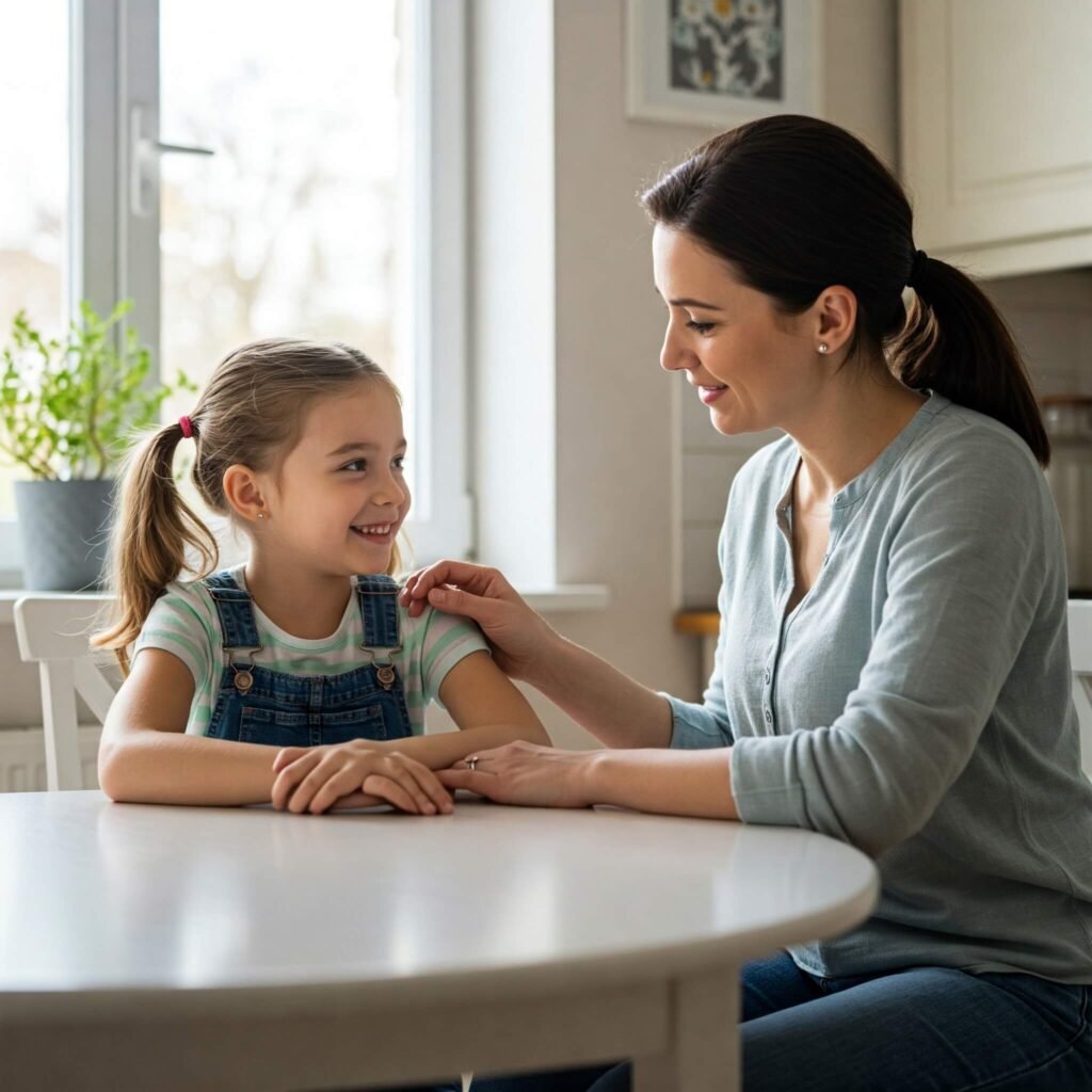Parent and child talking.