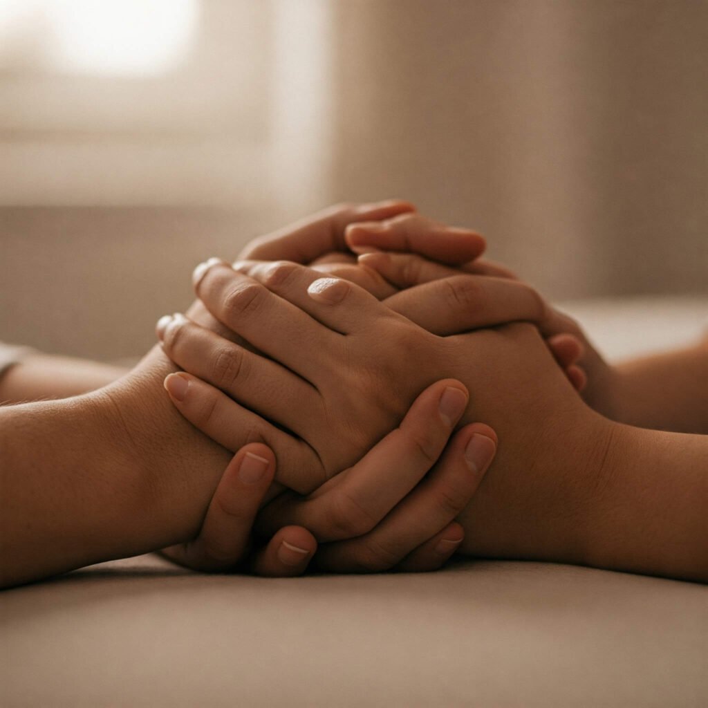 Two hands gently clasped, symbolizing comfort and connection, soft-focus, warm tones, affection.