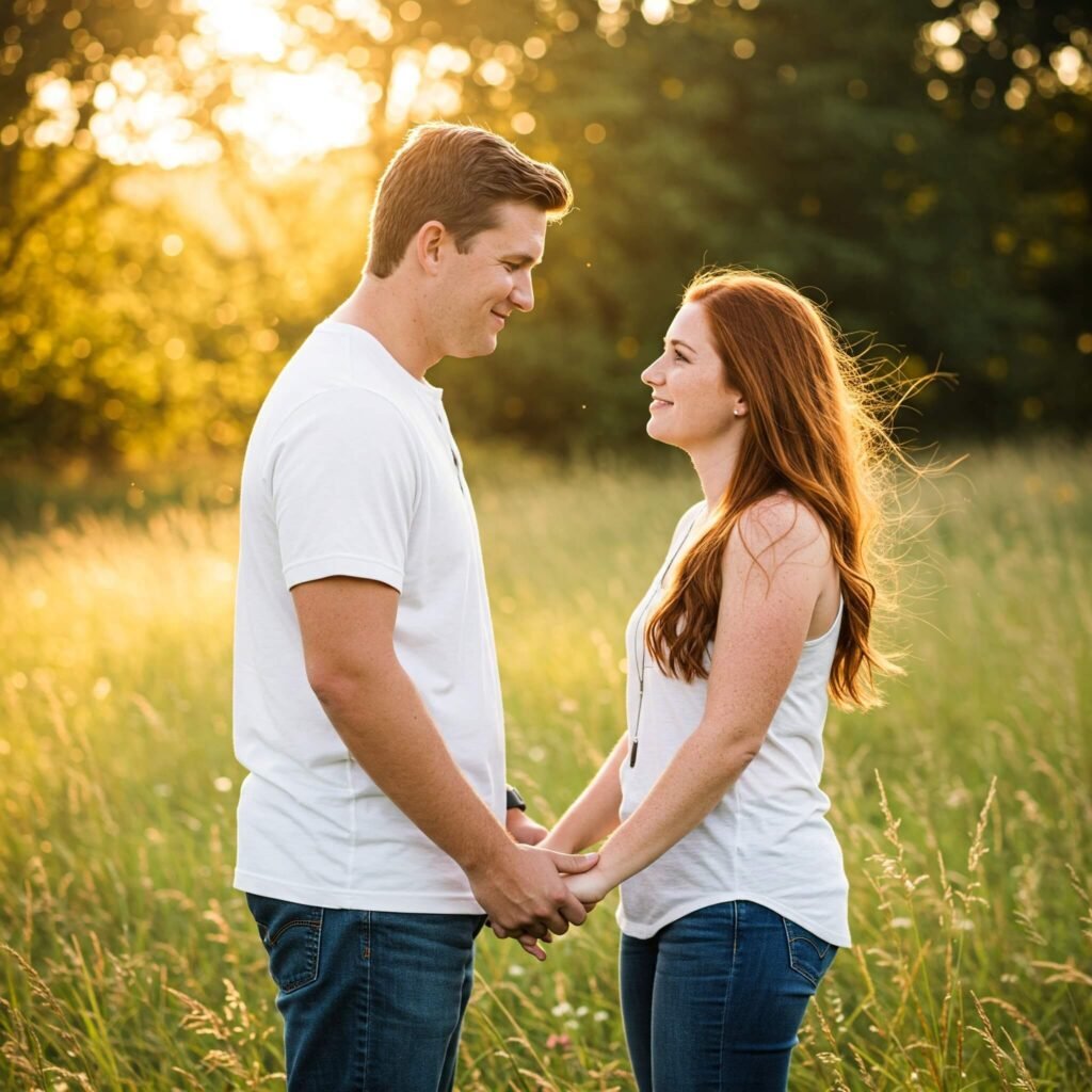 Couple holding hands, gazing at each other.