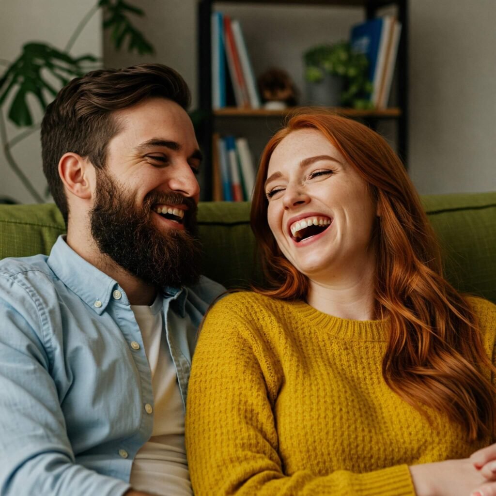 Newlyweds laughing on couch.