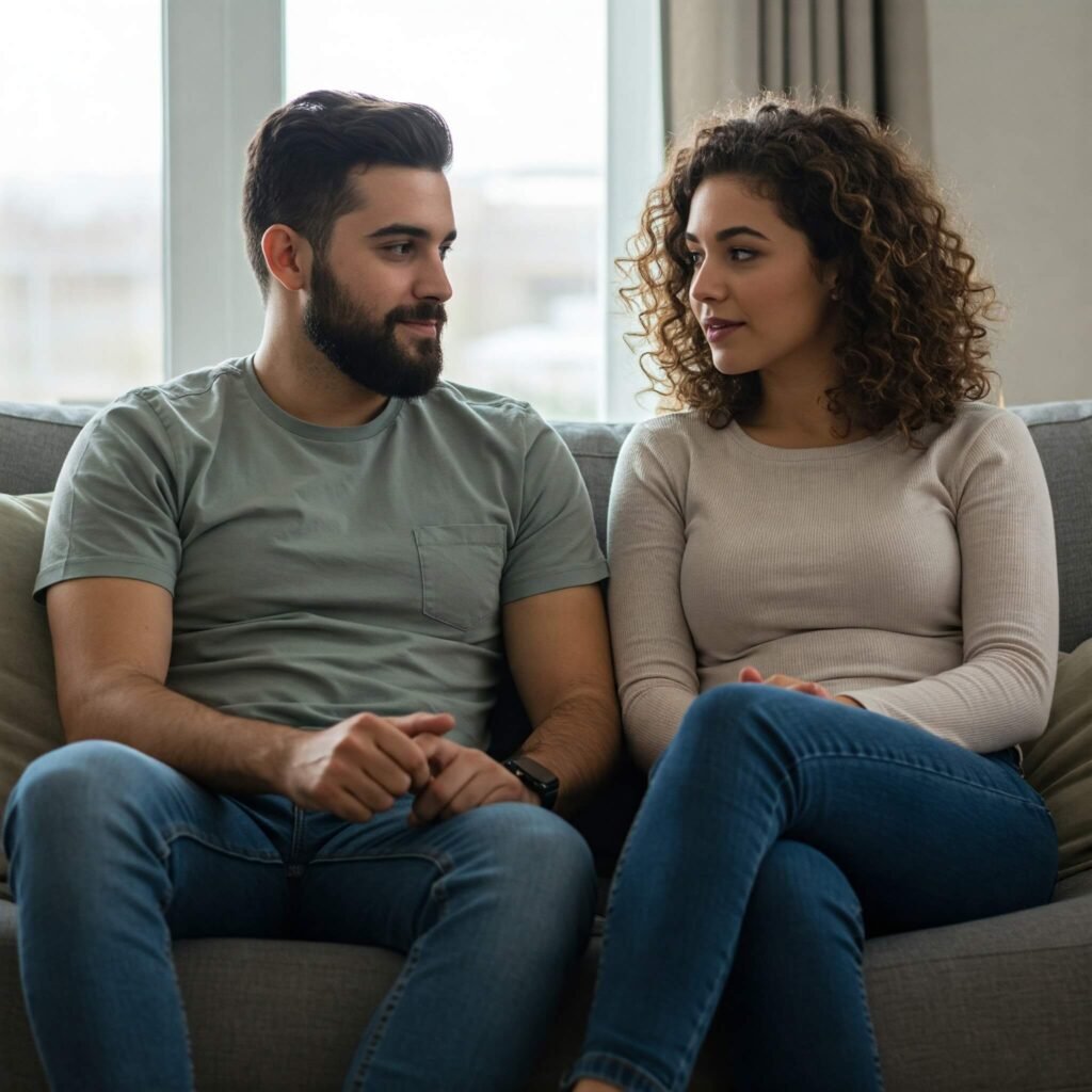Couple talking on a couch