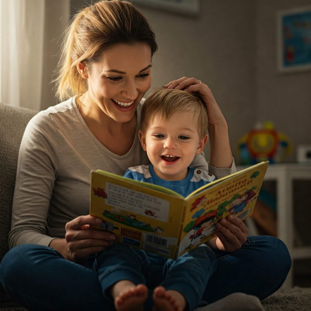 Parent reading to smiling child