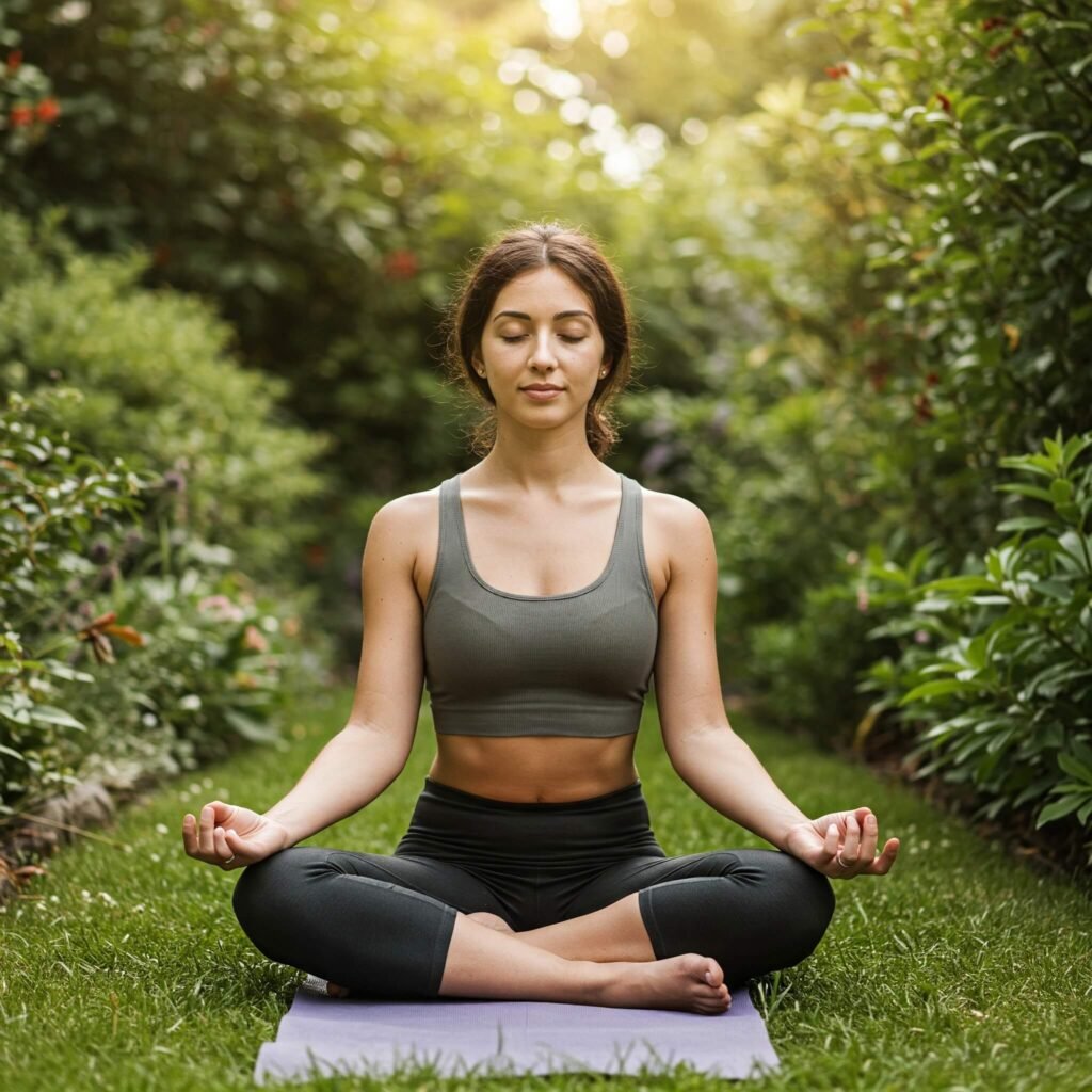 Finding Peace: Yoga pose in greenery, representing calm and emotional healing.