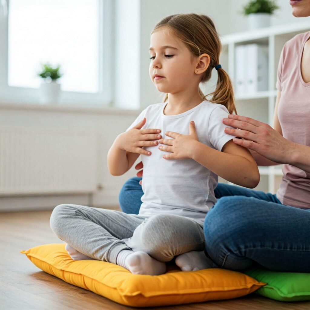 Child and parent doing deep breathing.