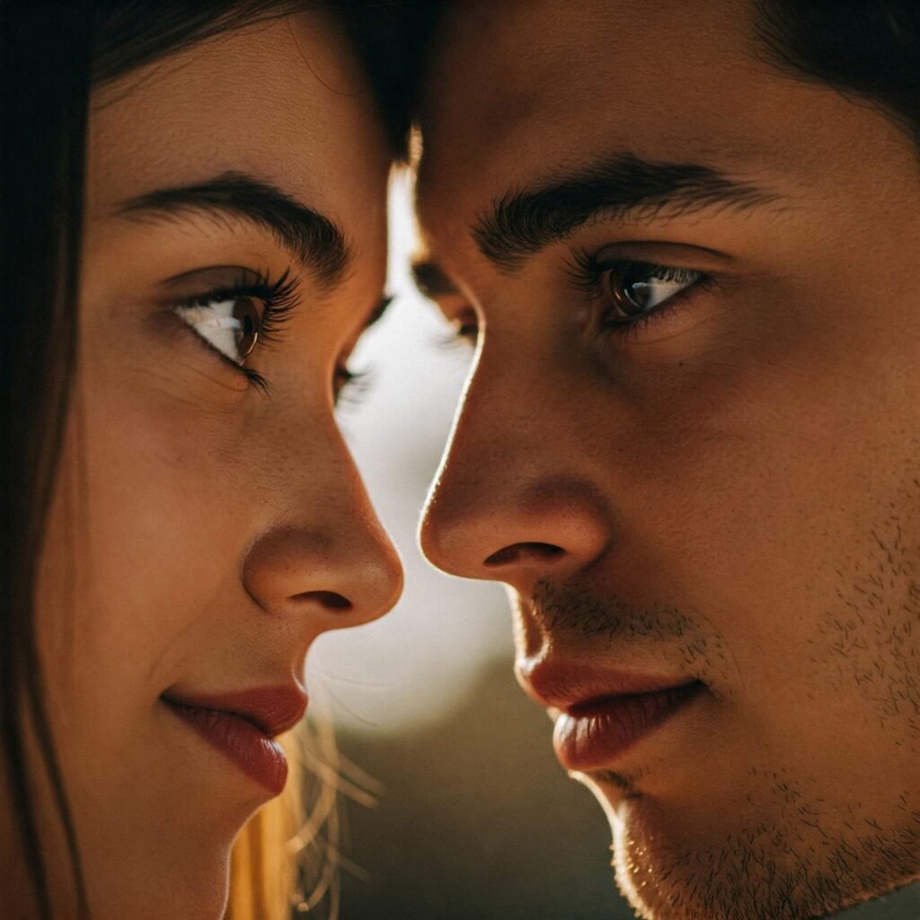 Close-up of two faces looking at each other, suggesting deep connection, intimacy, intensity, and love.