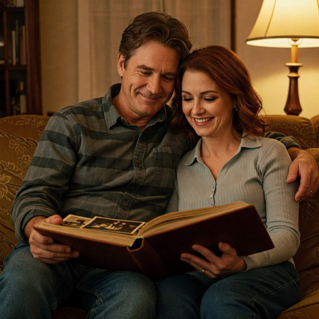 Loving couple looking at photo album, connecting through nostalgia.