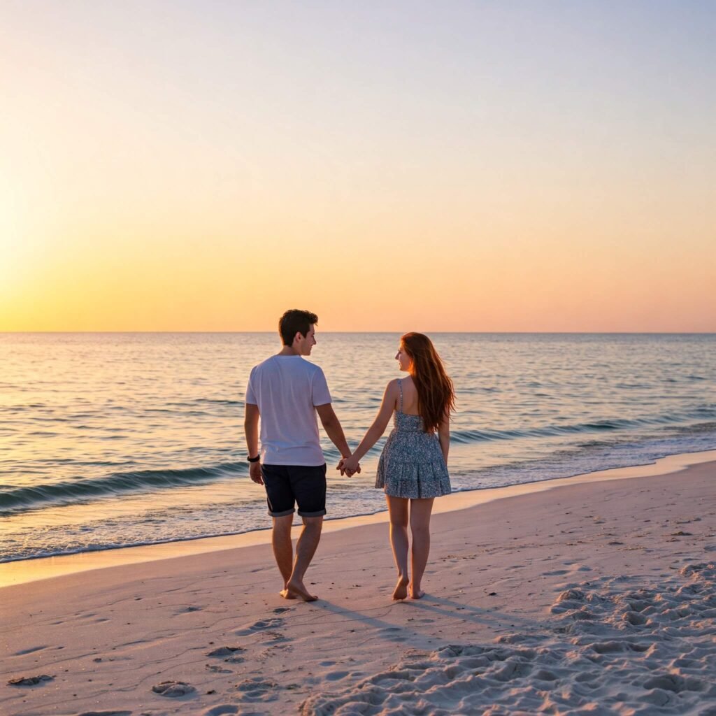 Couple walking hand-in-hand on a beach at sunset.