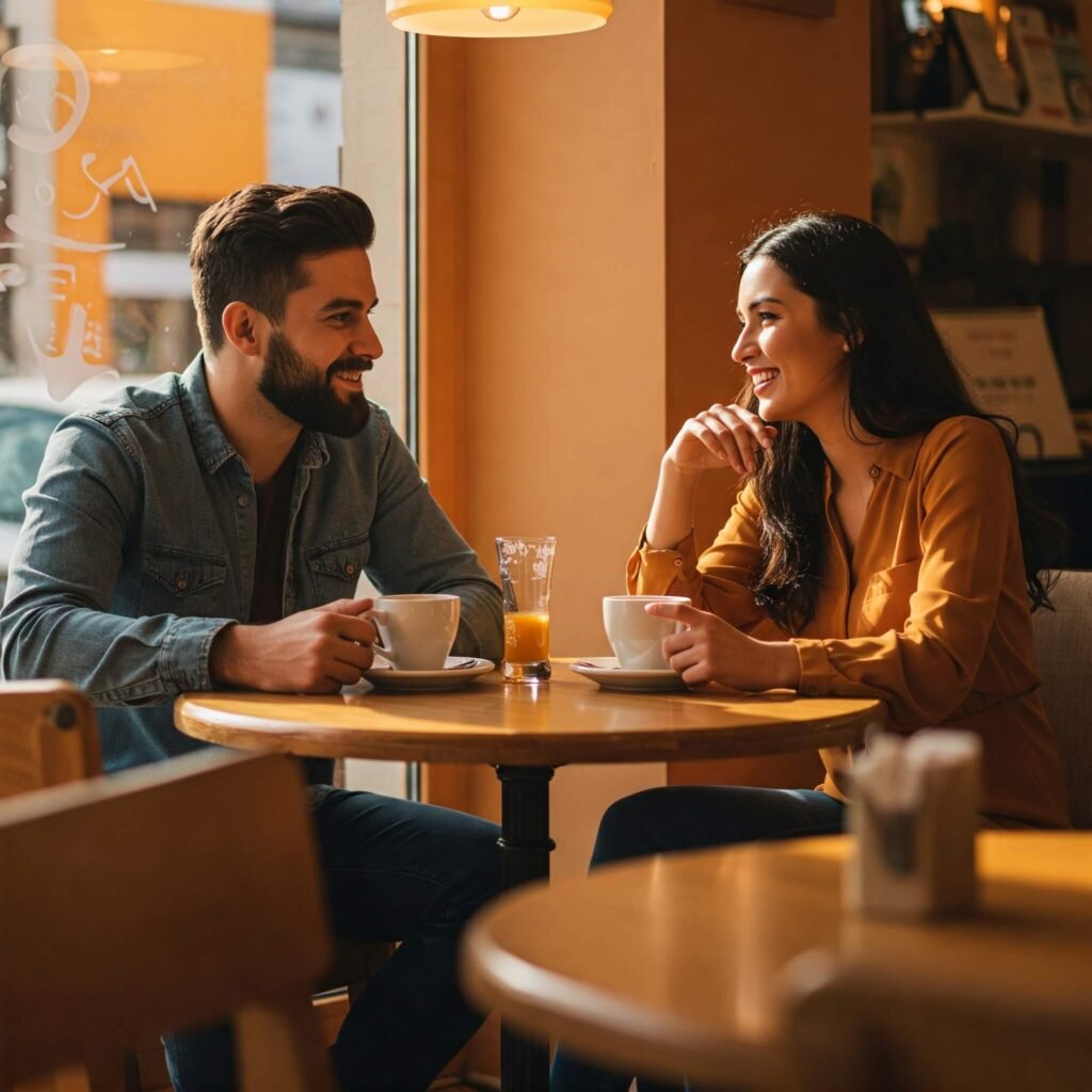 Relationship communication: Couple chatting over coffee.