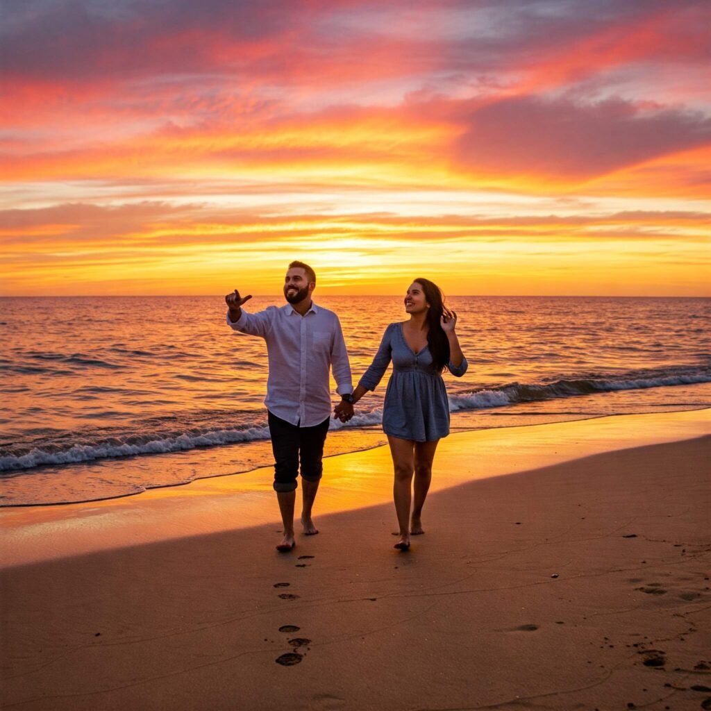 Newlyweds walking beach sunset.